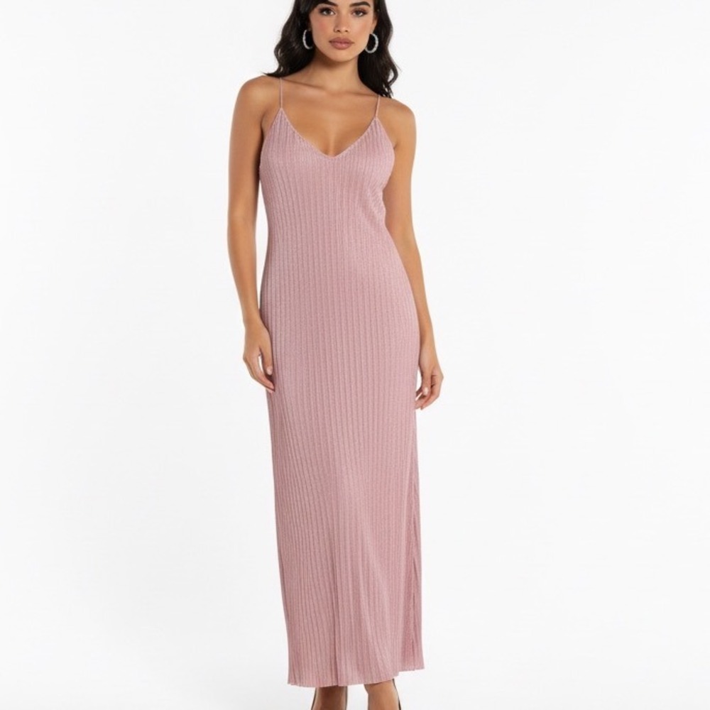 Mlle Gabrielle‎ Maxi Dress Women S Pink NWOT Ribbed Metallic Spaghetti Strap